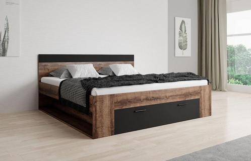 Tweepersoonsbed - Zwart/Eiken - 160x200 cm - 2 persoons bed, Huis en Inrichting, Slaapkamer | Bedden, 160 cm, 200 cm, Tweepersoons