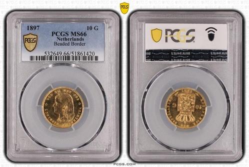 Gouden Wilhelmina 10 gulden 1897 MS66 variant 7 over 7 PCGS, Postzegels en Munten, Munten | Nederland, Losse munt, 10 gulden, Koningin Wilhelmina