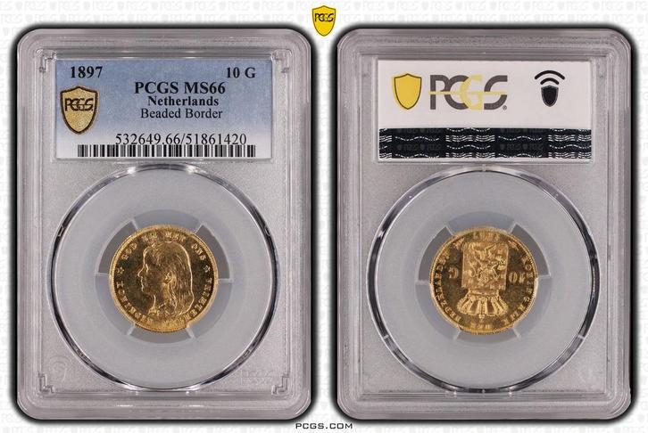 Gouden Wilhelmina 10 gulden 1897 MS66 variant 7 over 7 PCGS, Postzegels en Munten, Munten | Nederland, Losse munt, 10 gulden, Koningin Wilhelmina