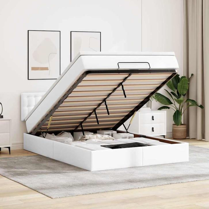 vidaXL Bed poef met matrassen en LEDs 140x190cm kunstleer, Huis en Inrichting, Slaapkamer | Bedden, 140 cm, 190 cm of minder, Wit