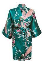 KIMU® Kimono Petrol Kort S-M Yukata Satijn Boven de Knie Kor, Nieuw, Carnaval, Ophalen of Verzenden, Maat 36 (S)