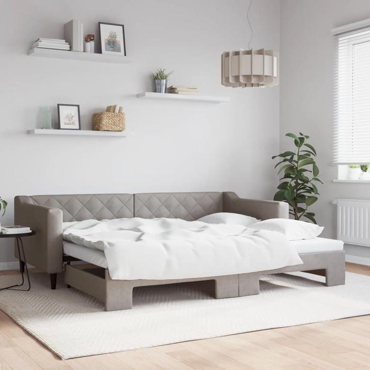 vidaXL Slaapbank met onderschuifbed 90x200 cm stof taupe, Huis en Inrichting, Slaapkamer | Bedden, 90 cm, 200 cm, Eenpersoons