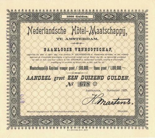 Nederlandsche Hotel-Maatschappij, aandeel, Amsterdam-1925,, Postzegels en Munten, Aandelen en Waardepapieren, Aandeel, 1920 tot 1950