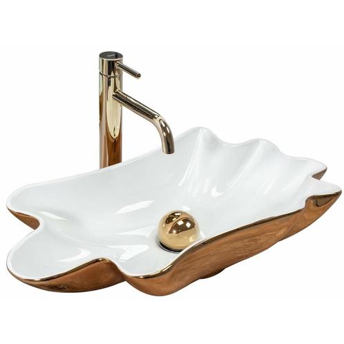 REA Oestervormige opzetwastafel - keramiek - wit/goud - 6..., Doe-het-zelf en Verbouw, Sanitair, Nieuw, Ophalen of Verzenden