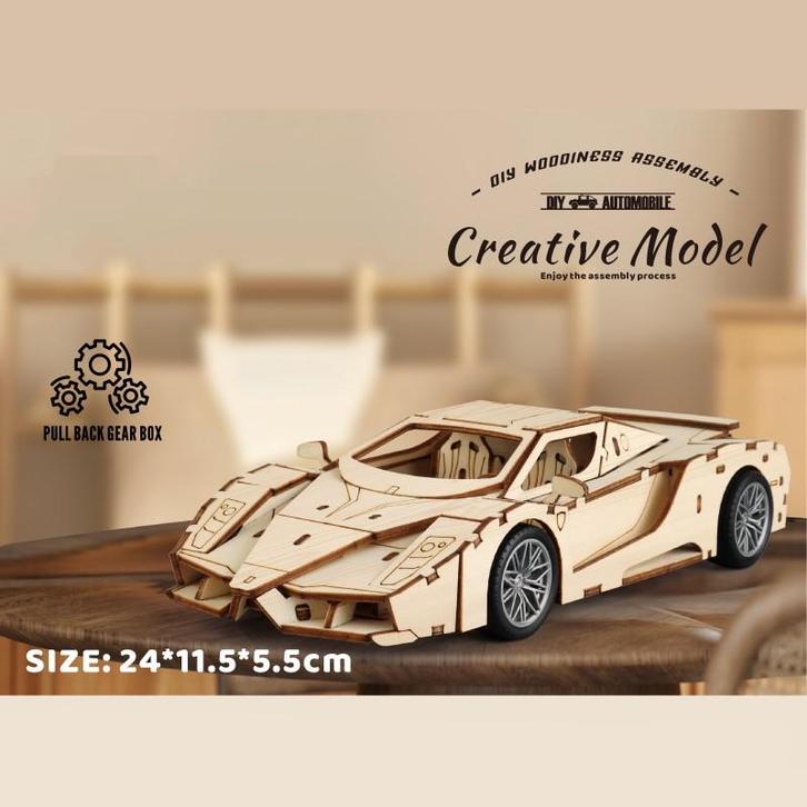 Off-Road Auto met Pull-Back Mechanisme Houten DIY Modelbouw, Hobby en Vrije tijd, Modelbouw | Overige, Nieuw, Verzenden