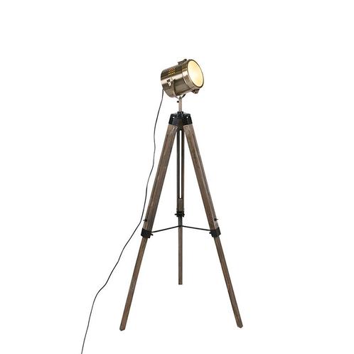 Industriële vloerlamp tripod hout met studiospot - Braha, Huis en Inrichting, Lampen | Vloerlampen, Nieuw, Overige materialen