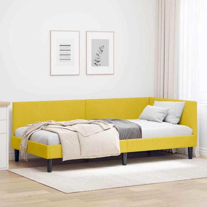 vidaXL Hoekbedframe met hoofdeinde Geel 100 cm x 200 cm, Huis en Inrichting, Slaapkamer | Bedden, Nieuw, Stof, Verzenden