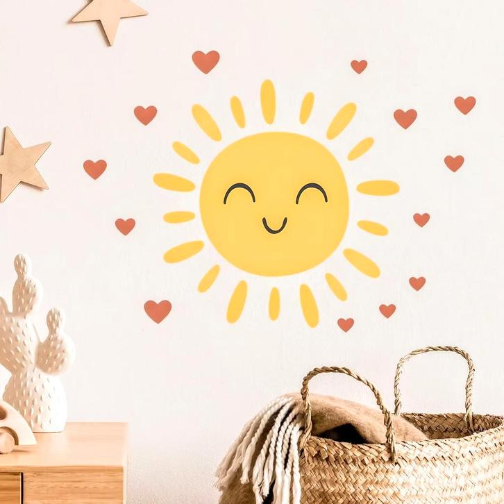 Happy Sunshine muur sticker met hartjes er omheen, Kinderen en Baby's, Kraamcadeaus en Geboorteborden, Kraamcadeau, Nieuw, Verzenden
