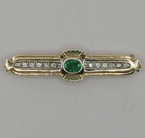 Broche - 14 karaat Geel goud - 1.16ct. tw. Smaragd - Diamant, Sieraden, Tassen en Uiterlijk, Antieke sieraden