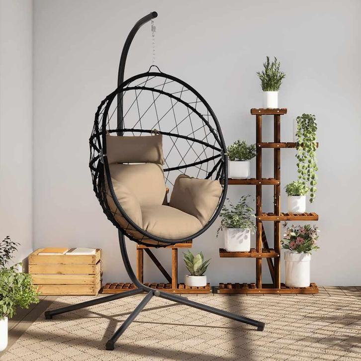 vidaXL Hangstoel met standaard rattan en staal taupe, Tuin en Terras, Tuinbanken, Nieuw, Verzenden