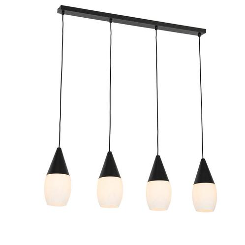 Moderne hanglamp zwart met opaal glas 4-lichts - Drop, Huis en Inrichting, Lampen | Hanglampen, Nieuw, Glas, 75 cm of meer