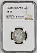Koning Willem III - halve gulden 1863 MS62 NGC, Postzegels en Munten, Zilver, Losse munt, Verzenden