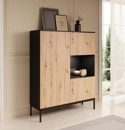 Meubella | Vitrinekast eiken zwart | 2 deuren 1 lade 120cm, Huis en Inrichting, Kasten | Vitrinekasten, 50 tot 75 cm, Nieuw, 150 tot 200 cm