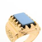 18 Krt. Gouden zegelring met blauwe lagensteen (vintage), Sieraden, Tassen en Uiterlijk, Ringen, 18 tot 19, Gebruikt, Overige kleuren