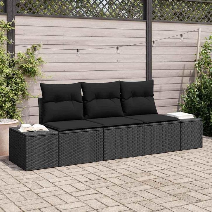 vidaXL Bankstel met kussen 3 pcs Zwart poly rattan, Tuin en Terras, Tuinsets en Loungesets, Nieuw, Rotan, Verzenden