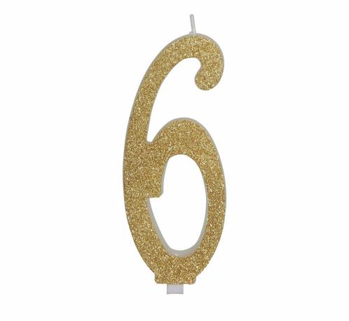 Gouden Kaars 6 Jaar Glitter 12,5cm, Hobby en Vrije tijd, Feestartikelen, Nieuw, Verzenden