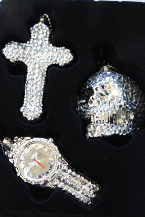 Jewel set bezet met strass: schedel, horloge en kruis -, Diversen, Kerst