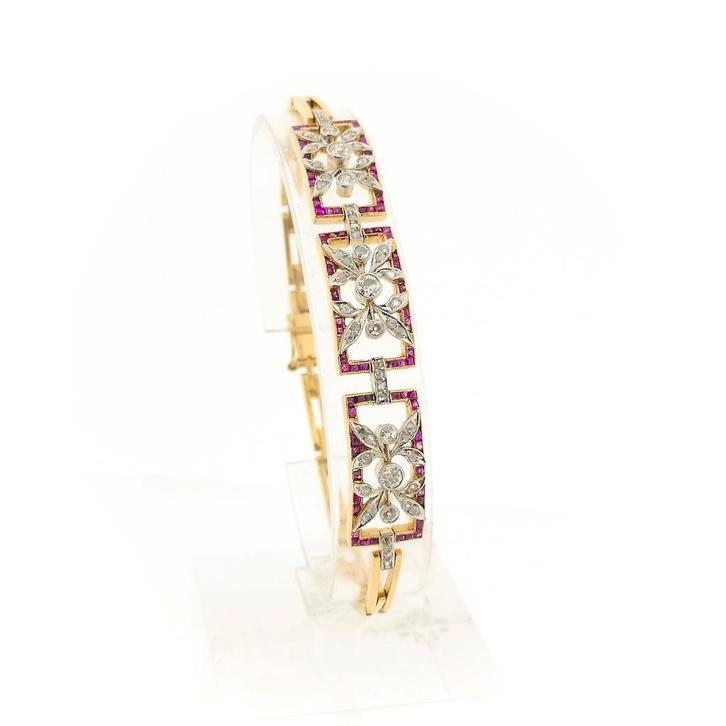 18 Krt. Gouden schakel armband met robijn en diamant; 0,8..., Sieraden, Tassen en Uiterlijk, Armbanden, Overige kleuren, Gebruikt