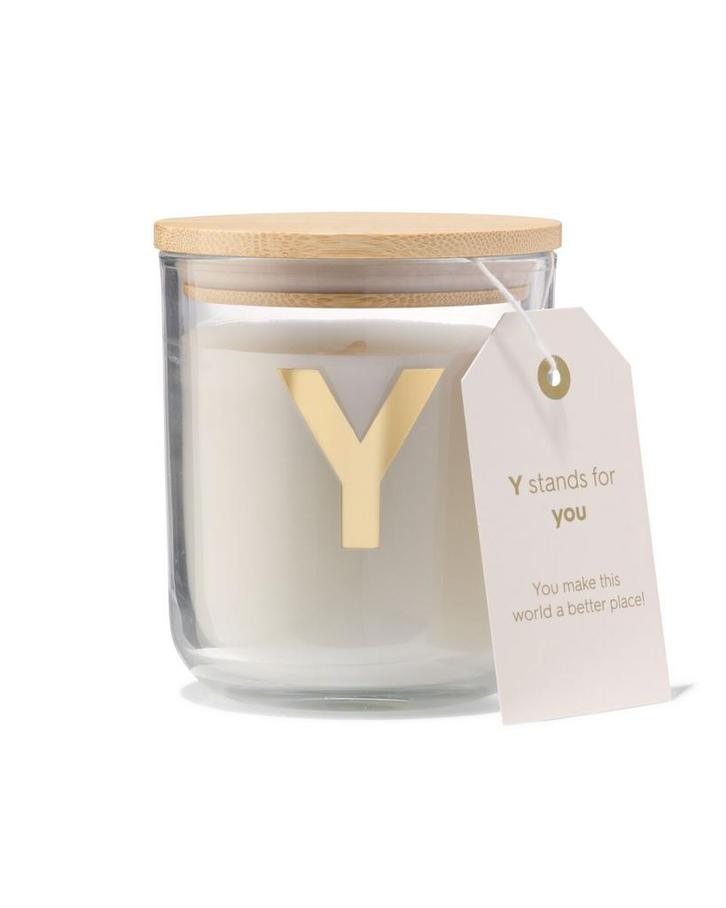 HEMA Kaars in glas Ø8x10cm letter Y, Huis en Inrichting, Woonaccessoires | Kandelaars en Kaarsen, Nieuw, Verzenden