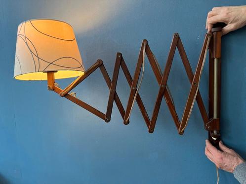 Danish Style Teak Wood Scissor Wall Lamp with Beige Shade an, Huis en Inrichting, Lampen | Wandlampen, Nieuw, Ophalen of Verzenden