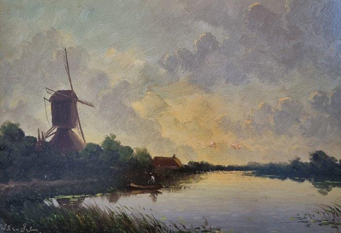 W. D. vd Salm (1918-1985) - Avondlandschap met molen, Antiek en Kunst, Kunst | Schilderijen | Klassiek