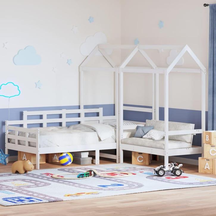 vidaXL Kinderbed met huisje en bankje massief grenenhout wit, Huis en Inrichting, Slaapkamer | Bedden, 80 cm, 200 cm, Wit, Eenpersoons