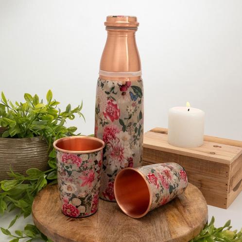 Puur koperen set van fles bloemenprint wit ± 950 ml met 2, Sport en Fitness, Gezondheidsproducten en Wellness, Nieuw