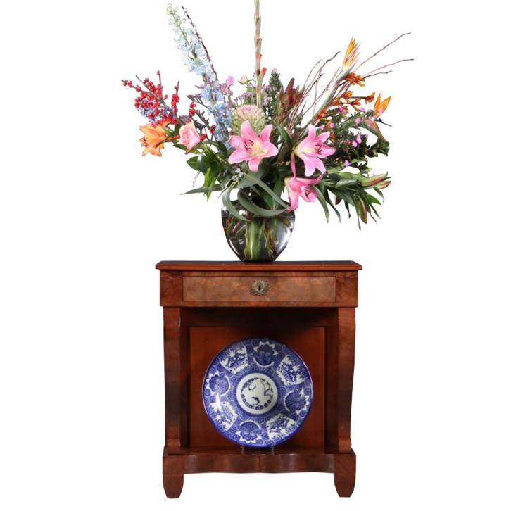 Trumeau ca 1830  in mahonie met lade op gebogen voorpoten N, Antiek en Kunst, Antiek | Meubels | Tafels, Ophalen of Verzenden