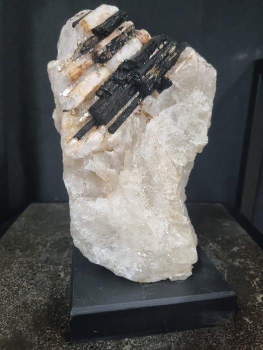Groot bergkristal met toermalijn op luxe standaard, Verzamelen, Mineralen en Fossielen
