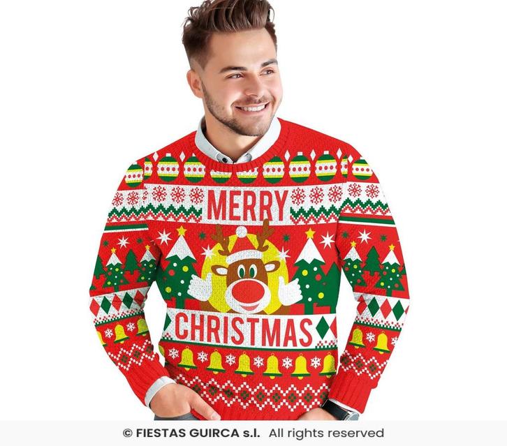 Foute Kerst Sweater Merry Christmas Rendier Rood Heren, Kleding | Heren, Carnavalskleding en Feestkleding, Nieuw, Ophalen of Verzenden