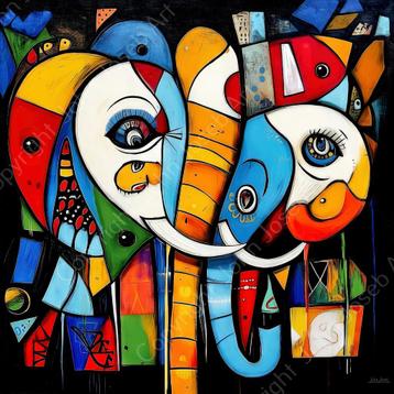 1093 - John Joseb Art, schilderij olifanten,abstract,Picasso beschikbaar voor biedingen