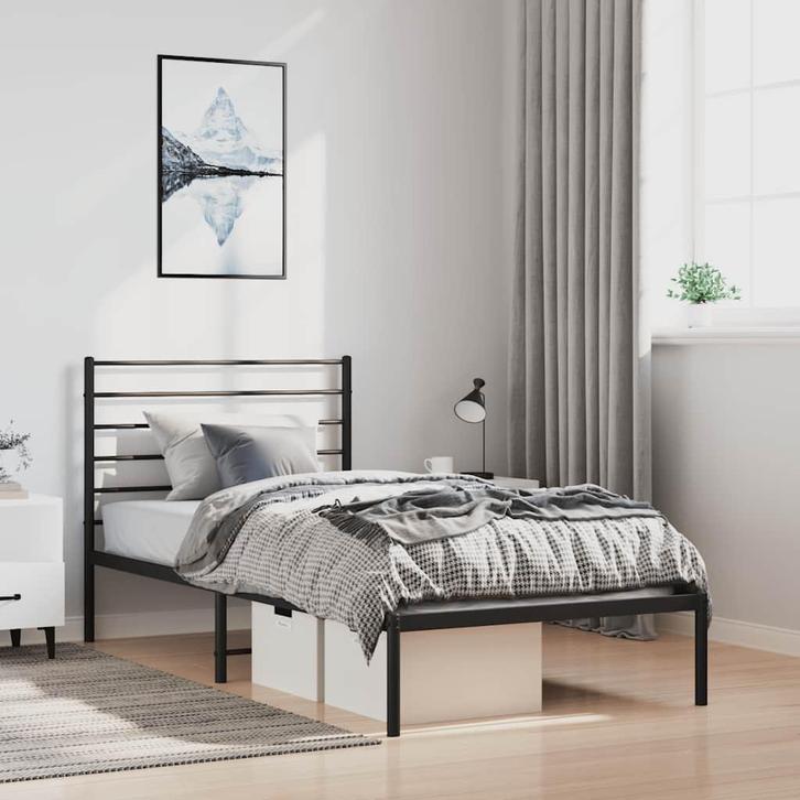 vidaXL Bedframe met hoofdbord metaal zwart 100x190 cm, Huis en Inrichting, Slaapkamer | Bedden, 100 cm, 190 cm of minder, Zwart