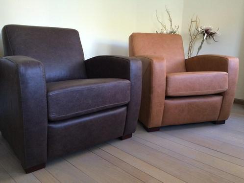 leren fauteuils met houten poten - 2 kleuren bruin leer - E, Huis en Inrichting, Fauteuils, 75 tot 100 cm, 75 tot 100 cm, Nieuw