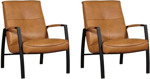 Cognac leren industriële stalen fauteuils - Granada leer Sa, Huis en Inrichting, Fauteuils, 50 tot 75 cm, 75 tot 100 cm, Nieuw