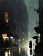 Regen in Tokio, Antiek en Kunst, Kunst | Schilderijen | Modern, Verzenden