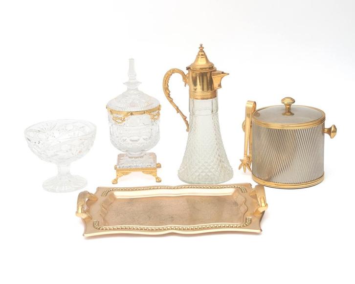 Divers wo. een kristallen schenkkan met messing montuur (5), Antiek en Kunst, Curiosa en Brocante