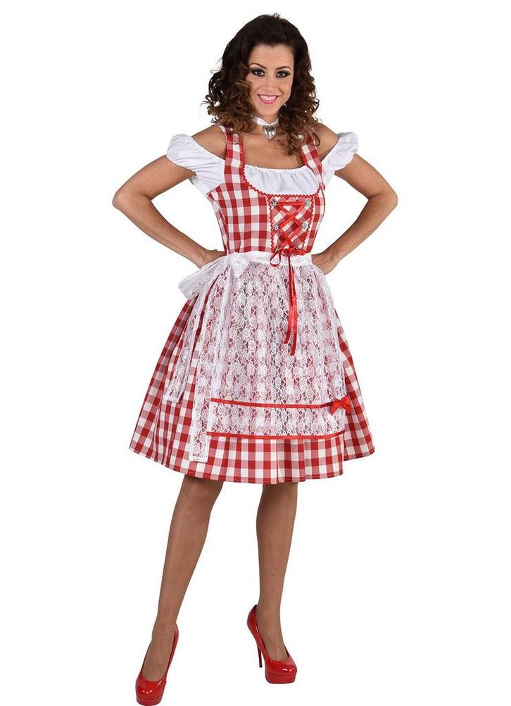 Dirndl Nina Knielang rood/wit, Kleding | Dames, Carnavalskleding en Feestkleding, Nieuw, Ophalen of Verzenden