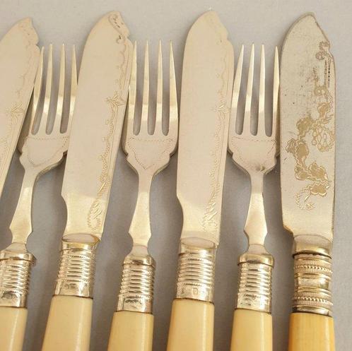 Bestekset (12) - Verzilverd, Zilver - Vis eters, Antiek en Kunst, Antiek | Meubels | Tafels