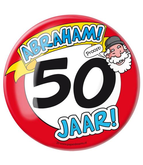 Button 50 jaar Abraham Verkeersbord 10,2cm, Hobby en Vrije tijd, Feestartikelen, Nieuw, Verzenden