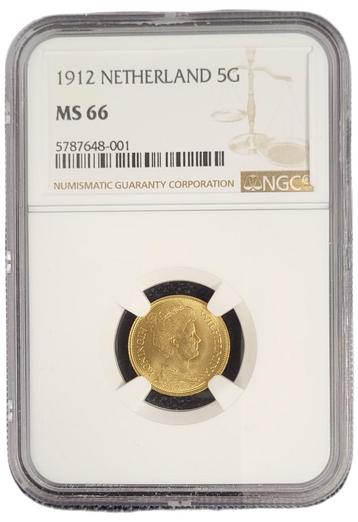 Gouden Wilhelmina 5 gulden 1912 MS66 NGC gecertificeerd