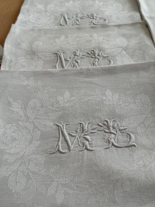 Franse tafeltextiel. Set van 9 oude linnen damast servetten., Antiek en Kunst, Antiek | Kleden en Textiel