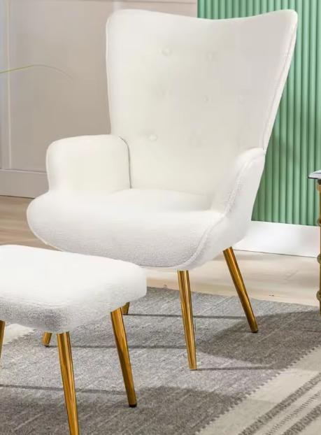 Fauteuil met Kruk – Lamswol Bekleding &amp; Gouden Poten, Huis en Inrichting, Stoelen, Nieuw, Verzenden