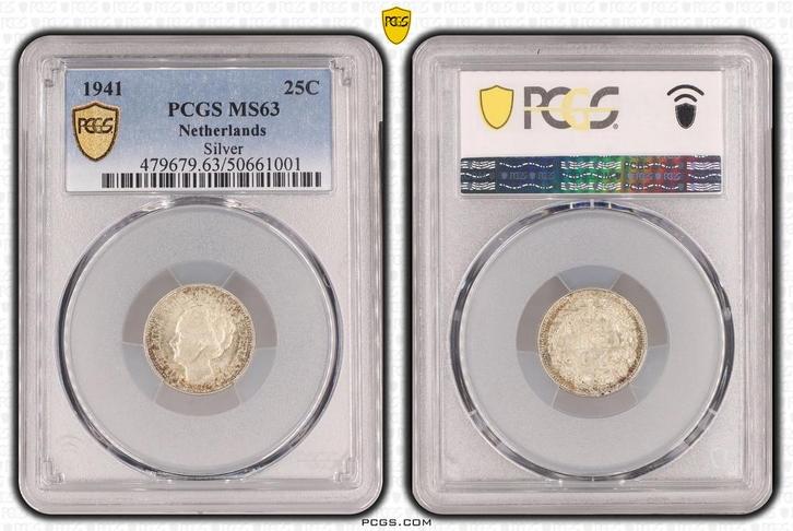 Koningin Wilhelmina 25 cent 1941 MS63 PCGS gecertificeerd, Postzegels en Munten, Munten | Nederland, Losse munt, 25 cent, Koningin Wilhelmina