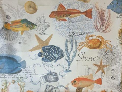 Mediterraan textiel met vissen, koraal en schelpen -, Antiek en Kunst, Antiek | Kleden en Textiel