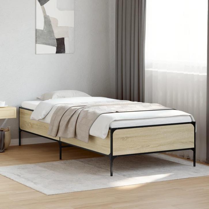 vidaXL Bedframe bewerkt hout en metaal sonoma eikenkleurig, Huis en Inrichting, Slaapkamer | Bedden, 90 cm, 190 cm of minder, Bruin