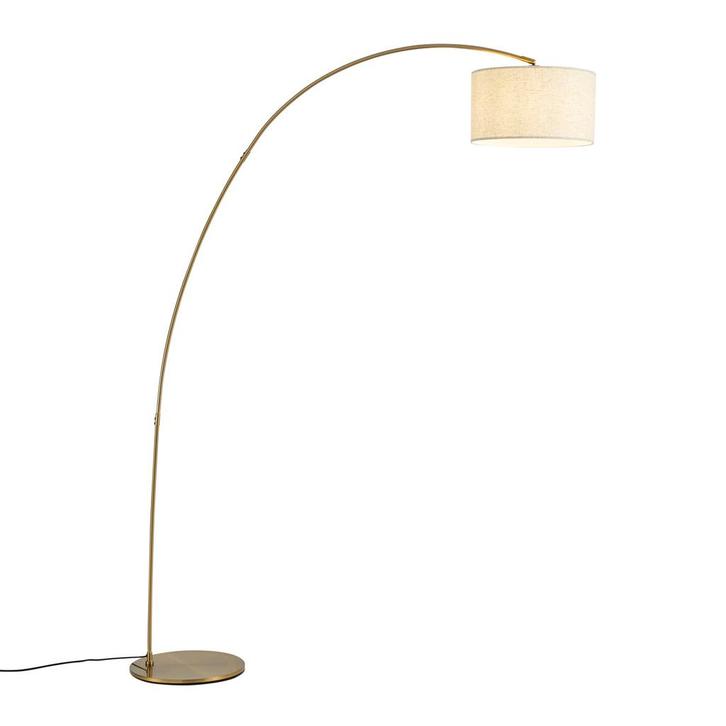 Moderne booglamp messing met beige kap - Vinossa, Huis en Inrichting, Lampen | Vloerlampen, Nieuw, Metaal, 150 tot 200 cm