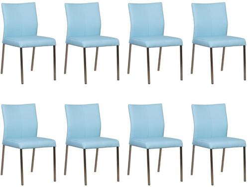 Set van 8 Lichtblauwe leren moderne eetkamerstoelen - poot v, Huis en Inrichting, Stoelen, Vijf, Zes of meer stoelen, Overige kleuren