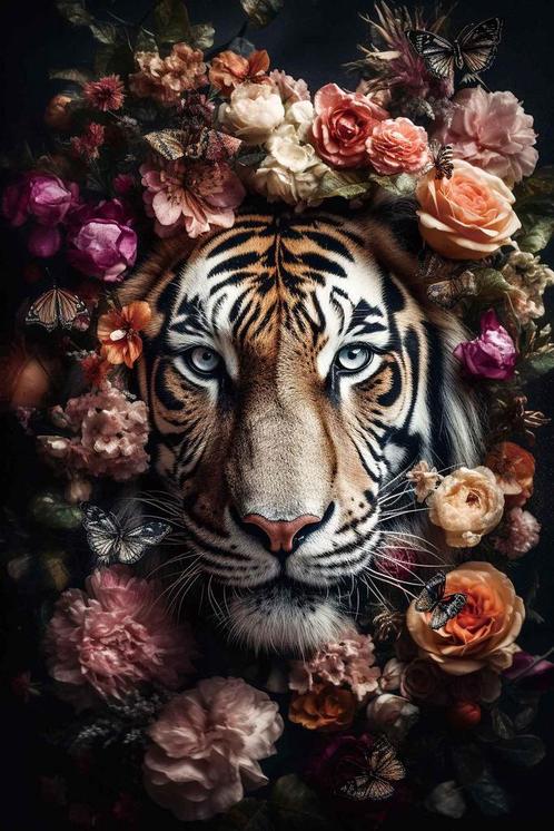 Glasschilderij Blooming Tiger 120x80cm, Huis en Inrichting, Woonaccessoires | Schilderijen, Tekeningen en Foto's