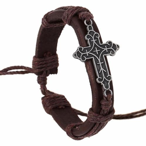 Fako Bijoux® - Armband - Leder - Kruis Retro - Bruin, Sieraden, Tassen en Uiterlijk, Armbanden, Verzenden