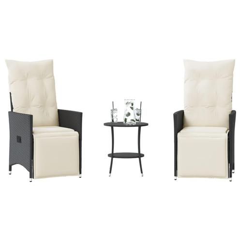 vidaXL 3-delige Bistroset met kussens poly rattan zwart, Tuin en Terras, Tuinsets en Loungesets, Nieuw, Rotan, Verzenden